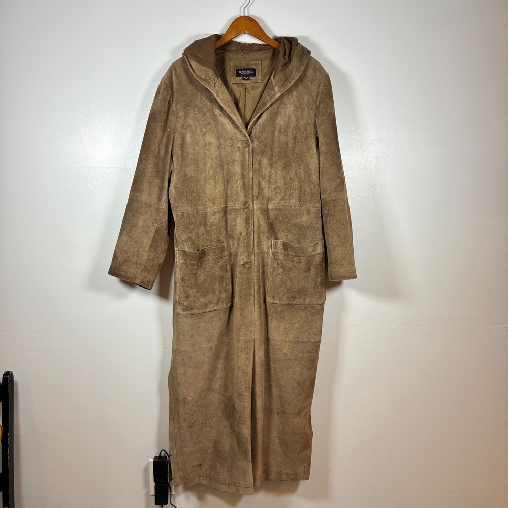 Vtg Bernardo Suede Trench Coat XL Hooded Long Leather Duster Jacket Western Boho
